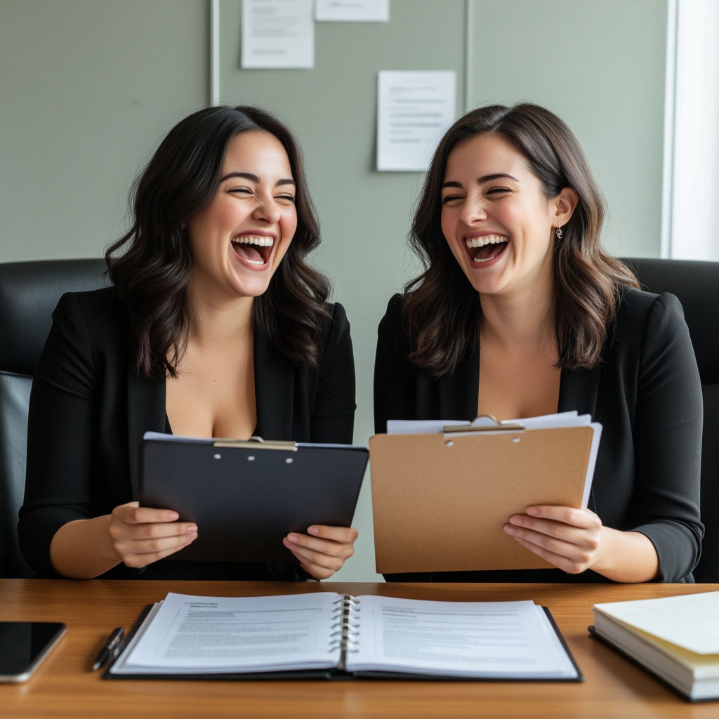 Две пышногрудые девушки смеются читая шуточную характеристику из папки с делами