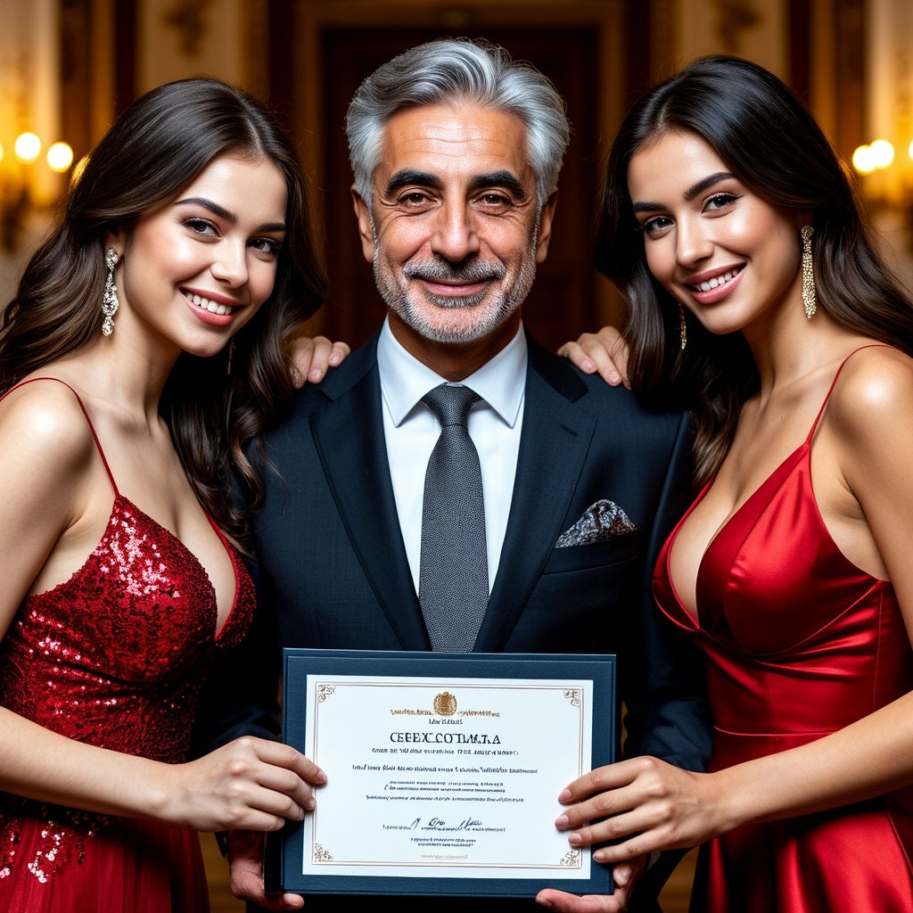 Солидный полковник с дипломом Главнокомандующий и две пышногрудые девушки обнимают его