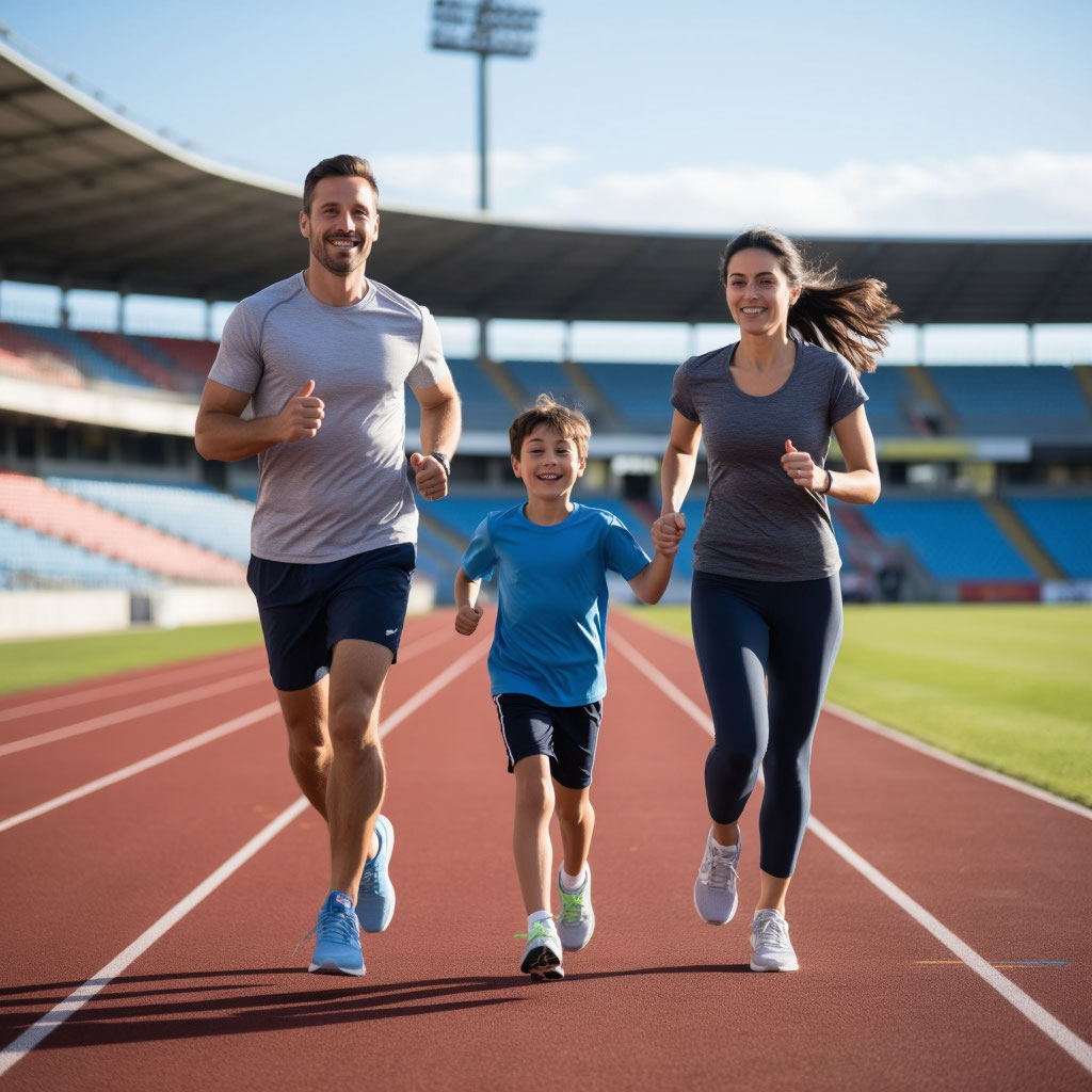 Красивая спортивная семья с ребенком на физкультурном мероприятии папа мама и сын бегут вместе