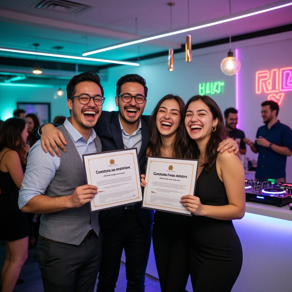 Коллеги обнимаются и показывают шуточные грамоты на корпоративе, смех и неоновый свет