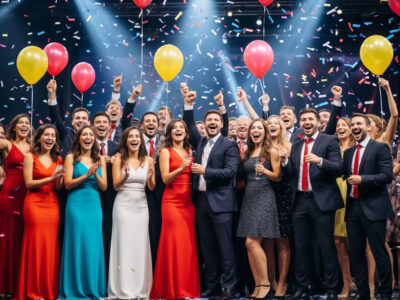 Группа сотрудников с пышными женщинами и мужчинами с шуточными грамотами на корпоративе