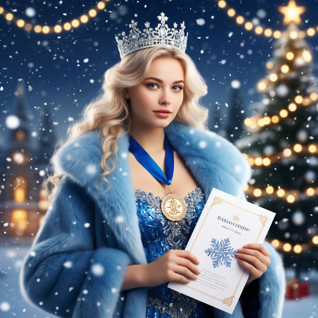 Пышногрудая блондинка в шубе и короне с медалью Снежная королева у новогодней елки