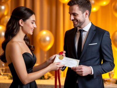 Красивая женщина вручает мужчине шуточную золотую медаль на корпоративе, эмоции радость