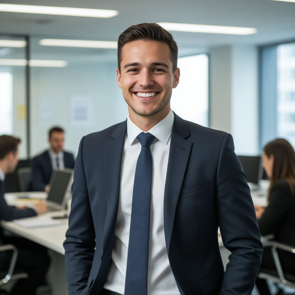 Мужчина в костюме с шуточной характеристикой Генерал переговоров улыбается в офисе