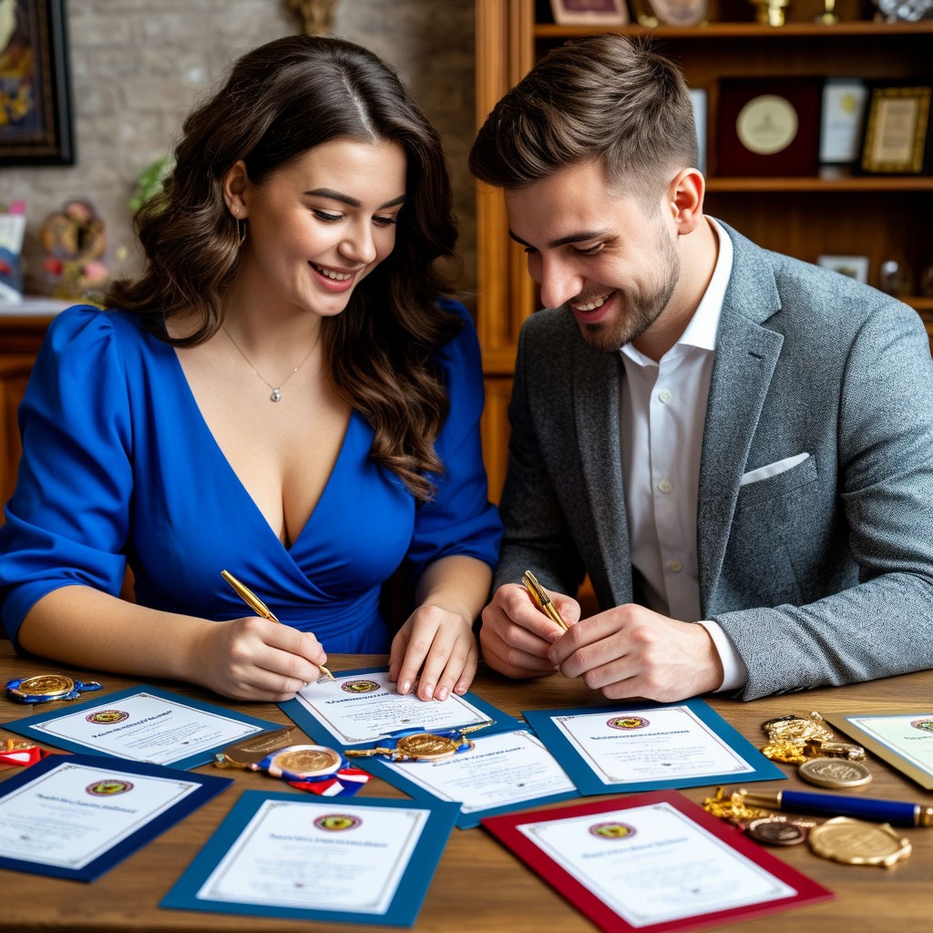 Пышногрудая женщина и мужчина перебирают шуточные грамоты и дипломы за столом