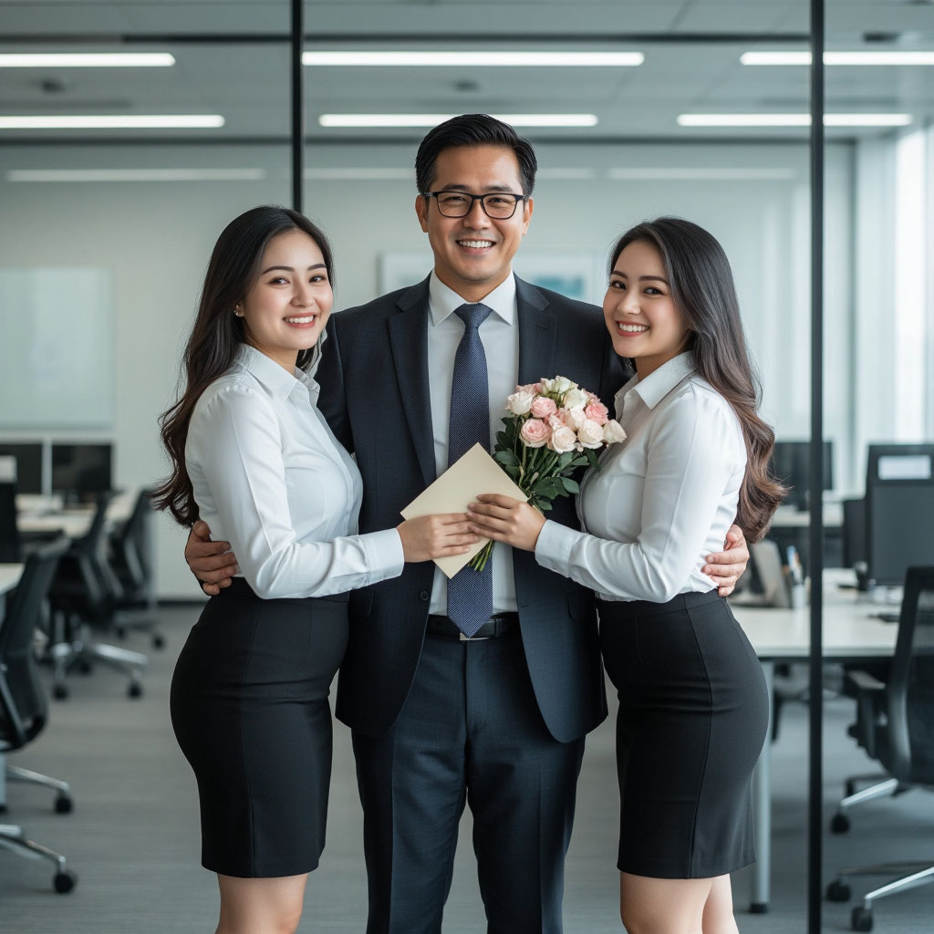 Мужчина директор с шуточным дипломом Царь и повелитель сотрудницы обнимают и дарят цветы