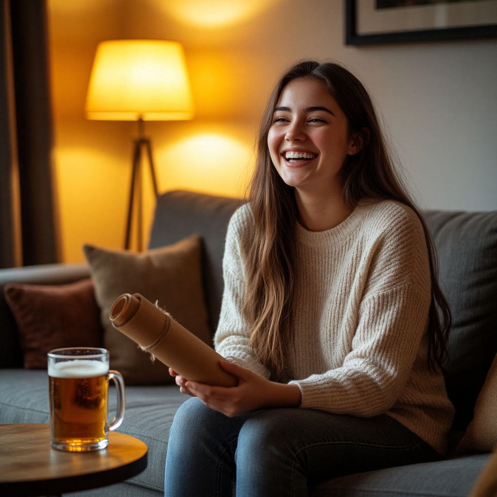 Красивая девушка смеется держа в руках шуточный диплом для друга дружеские номинации