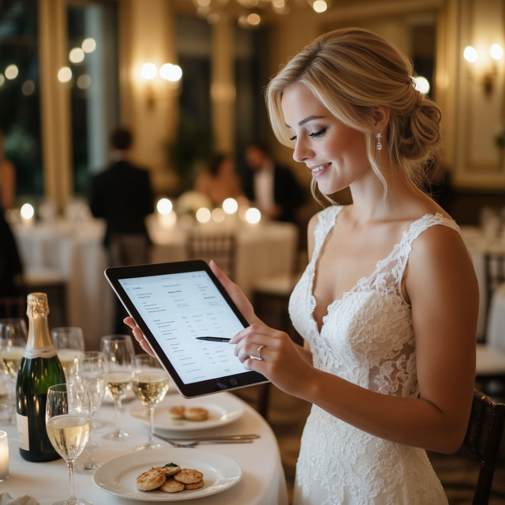 Невеста рассчитывает алкоголь на свадьбу через онлайн калькулятор на планшете за праздничным столом