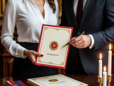 Пышногрудая женщина с грамотами и мужчина с ручкой готовятся подписывать шуточные дипломы