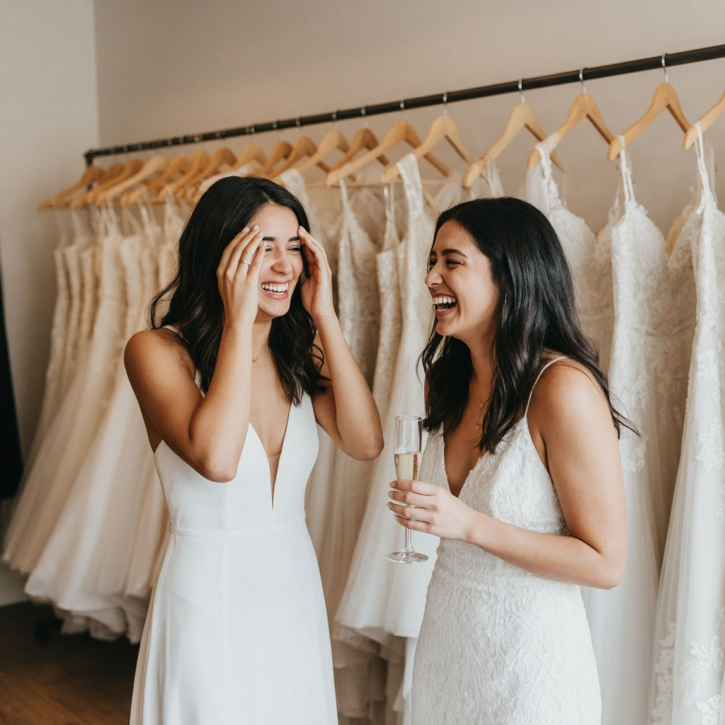 Невеста с подругой в примерочной свадебного салона