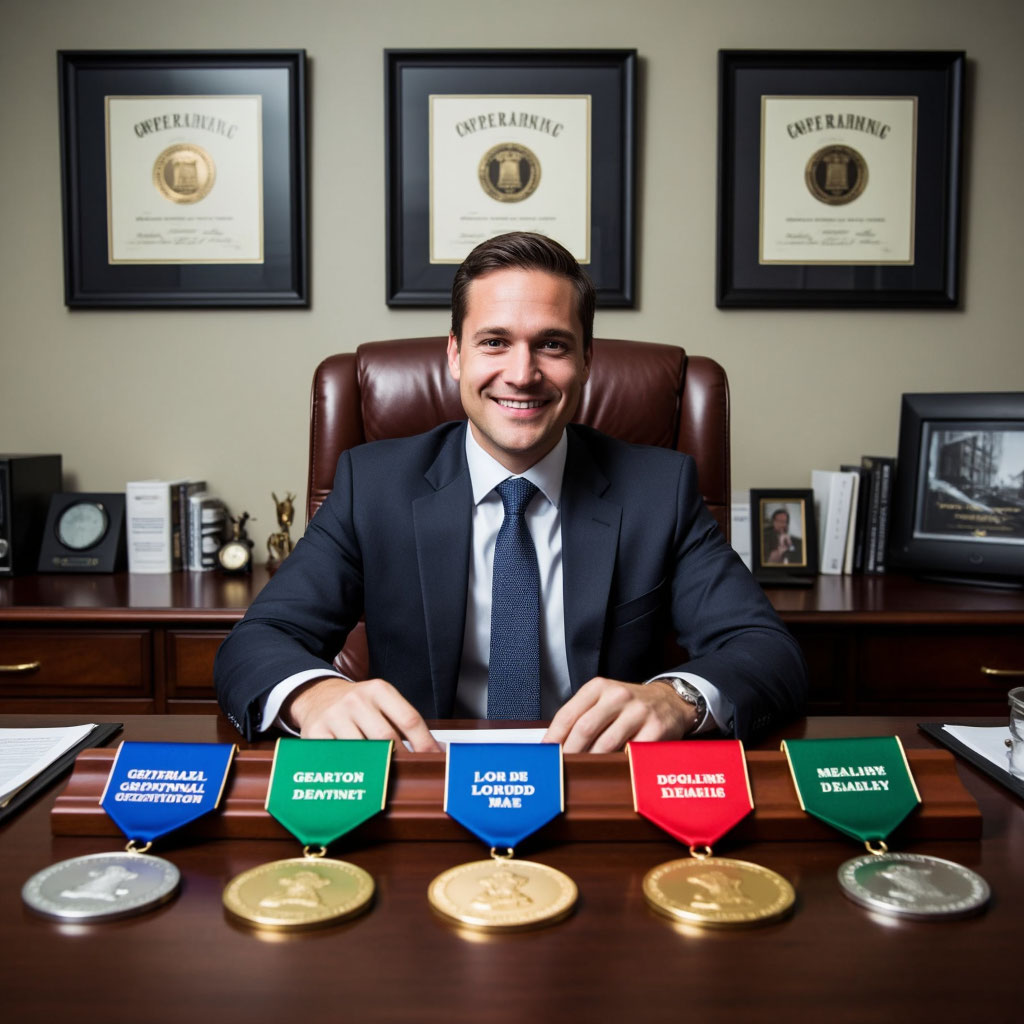 Мужчина в костюме выбирает медали на лентах с надписями для коллег в своем кабинете