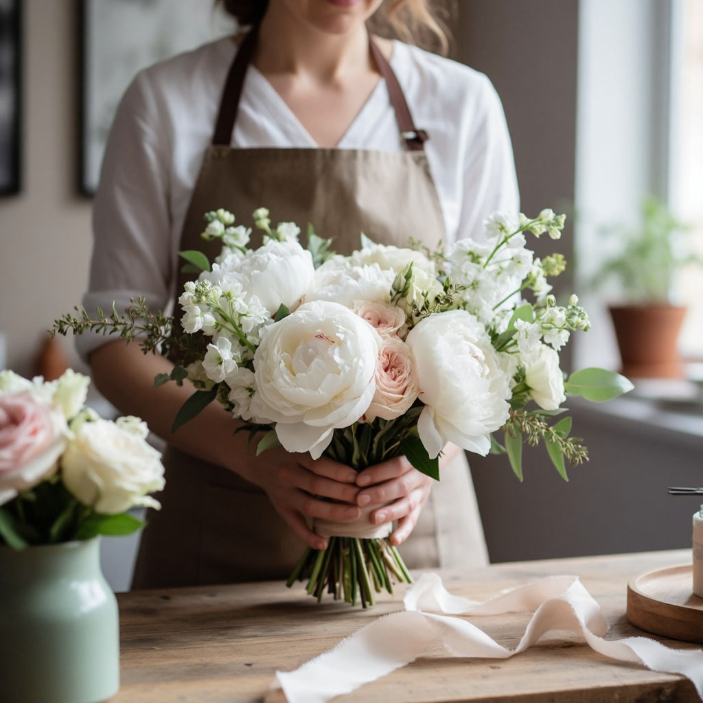 Флорист создает свадебный букет невесты из белых пионов и роз в уютной цветочной студии