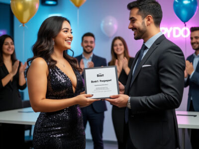 Женщина ведущая вручает мужчине шуточную грамоту Лучший программист на корпоративе коллеги аплодируют