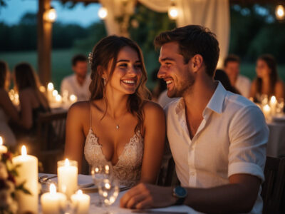 Свадебный вечер в кругу семьи за праздничным столом с теплым освещением