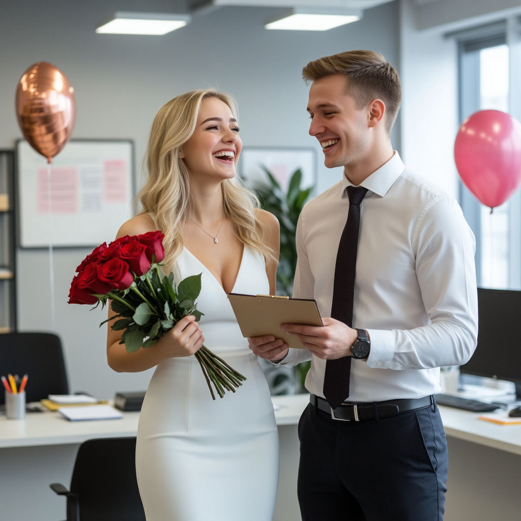 Блондинка с пышной грудью с грамотой Мисс Очарование мужчина дарит букет роз на корпоративе