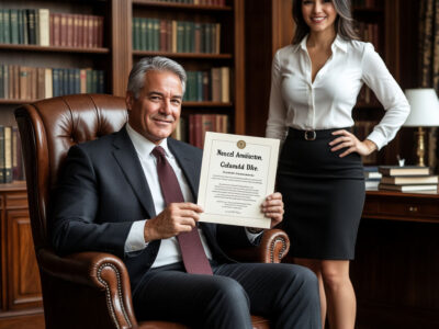 Мужчина директор в костюме с дипломом Лучший босс года и пышногрудая секретарша в кабинете