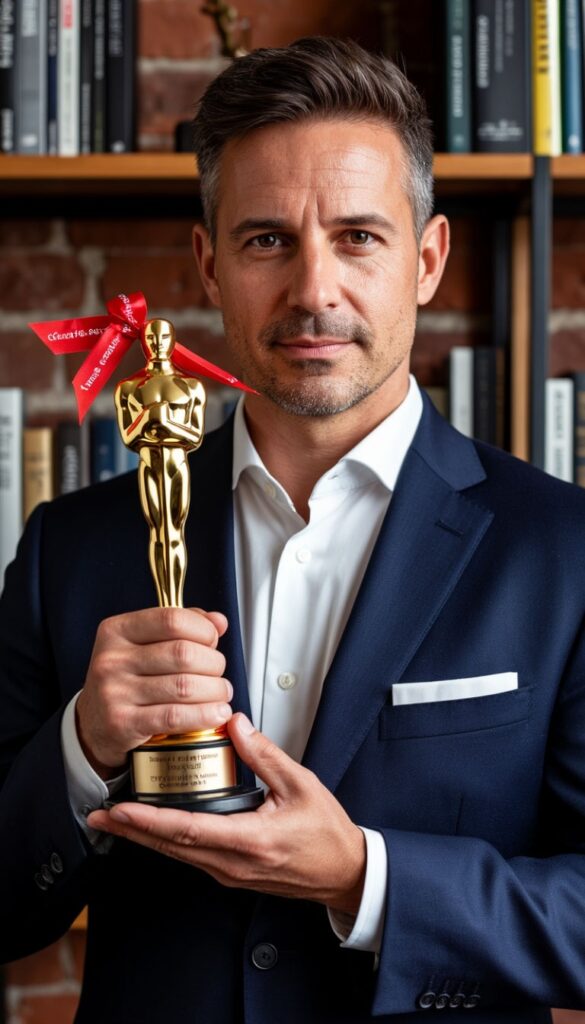 Мужчина в костюме держит шуточный Оскар с лентой профессиональная номинация для коллег