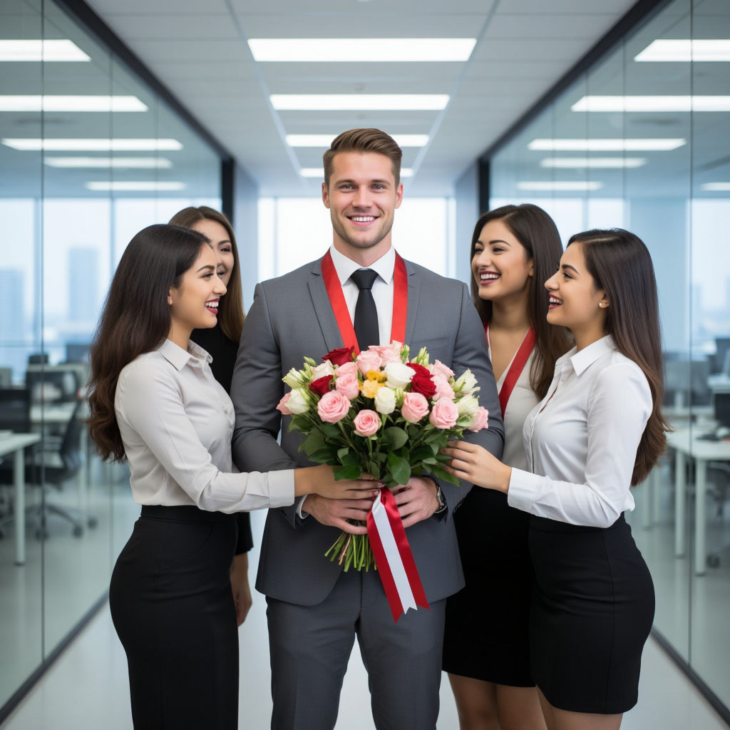 Мужчина начальник с медалью Наш капитан и пышногрудые сотрудницы дарят цветы