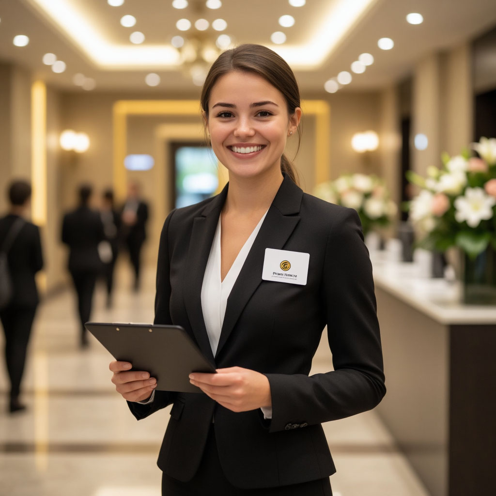 Профессиональная хостес встречает гостей на бизнес-конференции в премиальном отеле