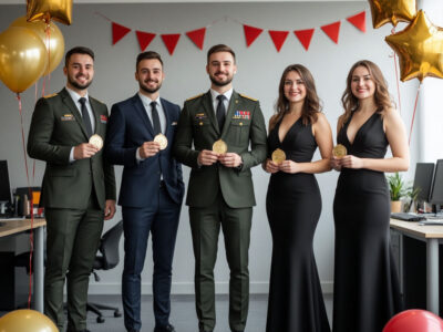 Мужчины с шуточными медалями и пышногрудые женщины с дипломами на корпоративе 23 февраля