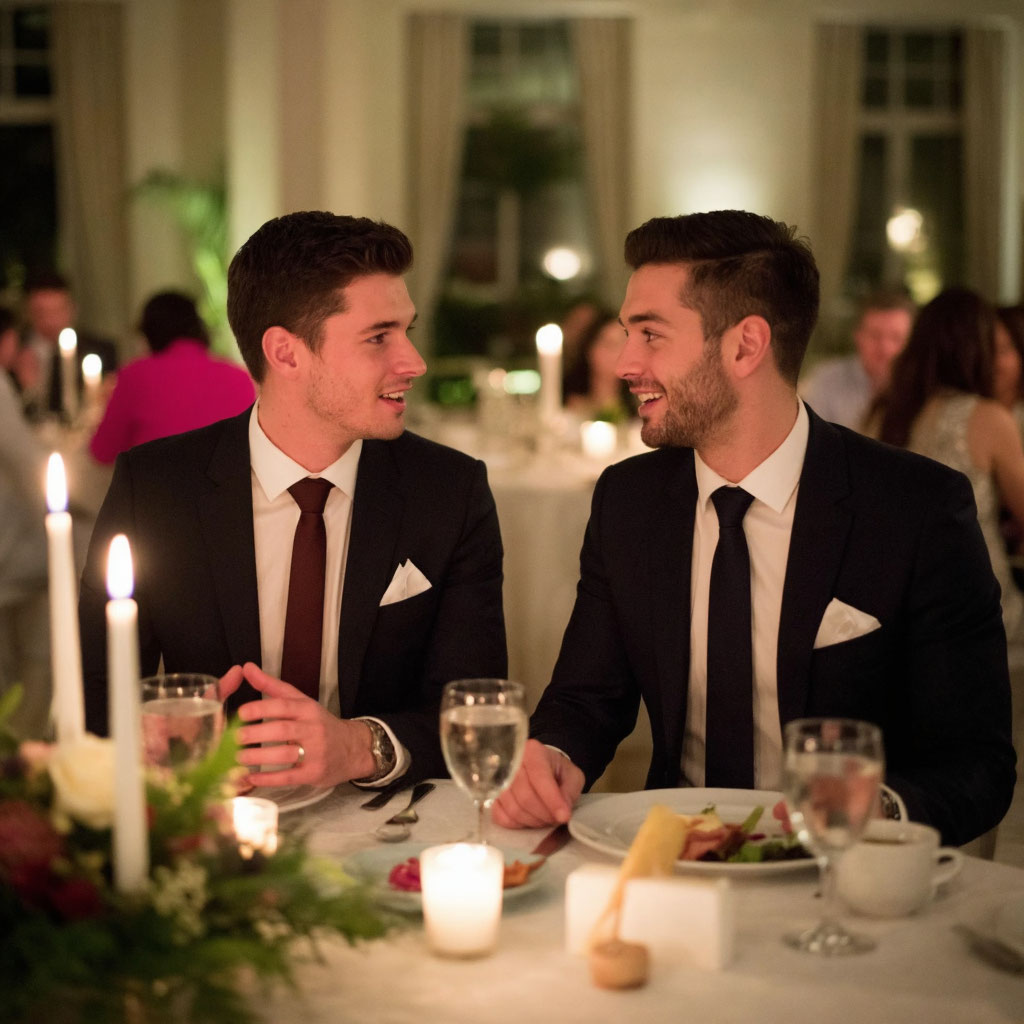 Двое мужчин в костюмах за свадебным столом в уютной вечерней атмосфере