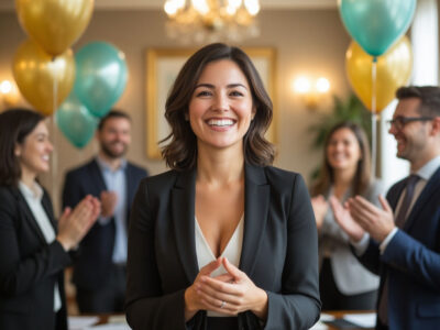 Женщина-руководитель с шуточной грамотой на корпоративе, коллеги аплодируют и поздравляют ее