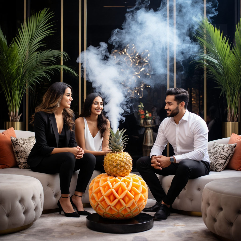 Кальянный кейтеринг на свадьбе с красивой парой и фруктовой чашей от мастера