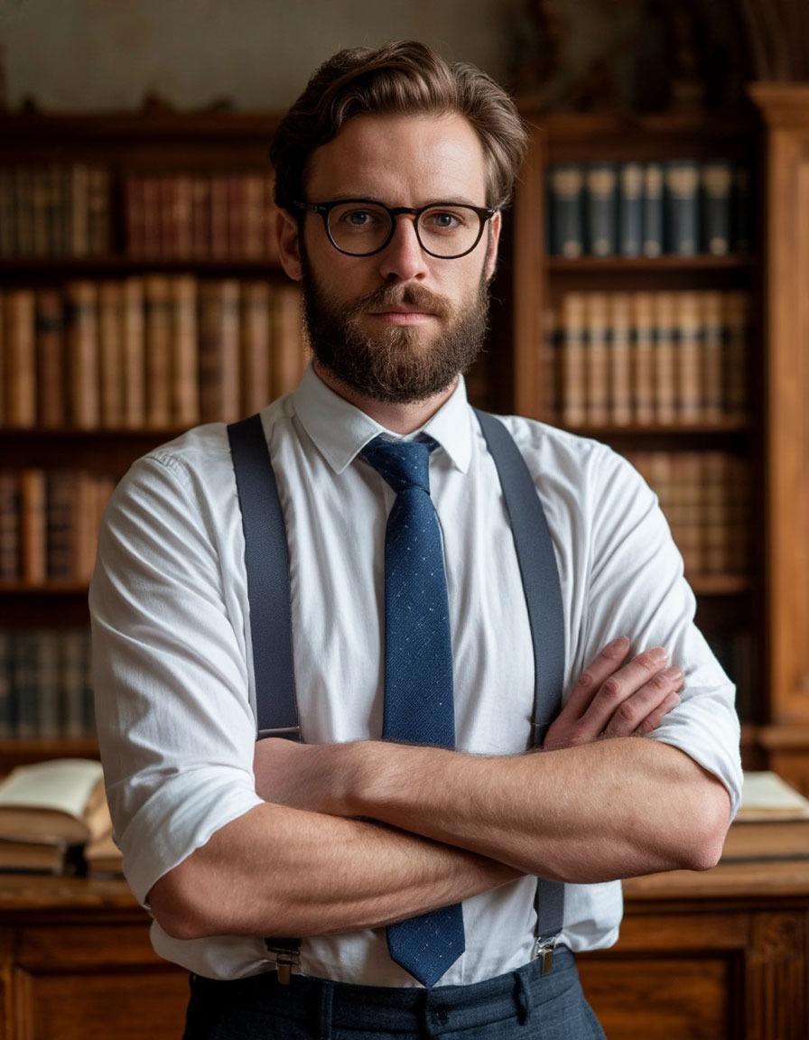 Мужчина в очках на фоне умных книг