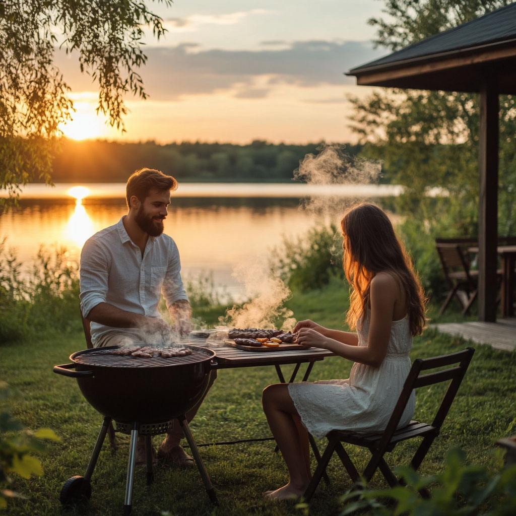 Выездной кальян на природе у озера с красивым мужчиной и видом на закат