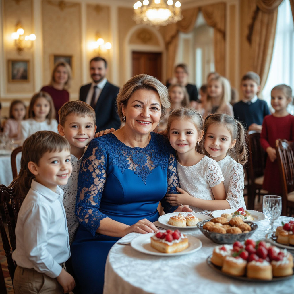 Русская женщина в синем кружевном платье с детьми и внуками на своём 65-летии за столом