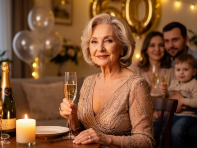Женщина 60 лет в вечернем платье за праздничным столом дома на юбилее