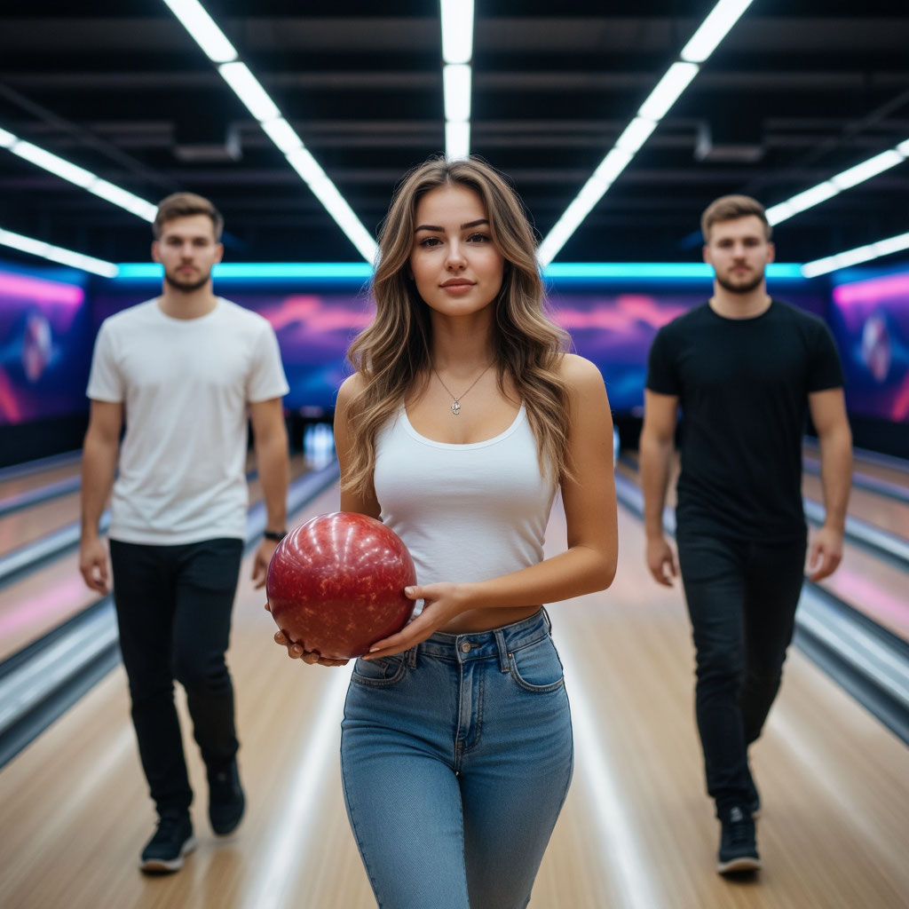 Русская женщина с формами играет в боулинг с мужчинами во второй день