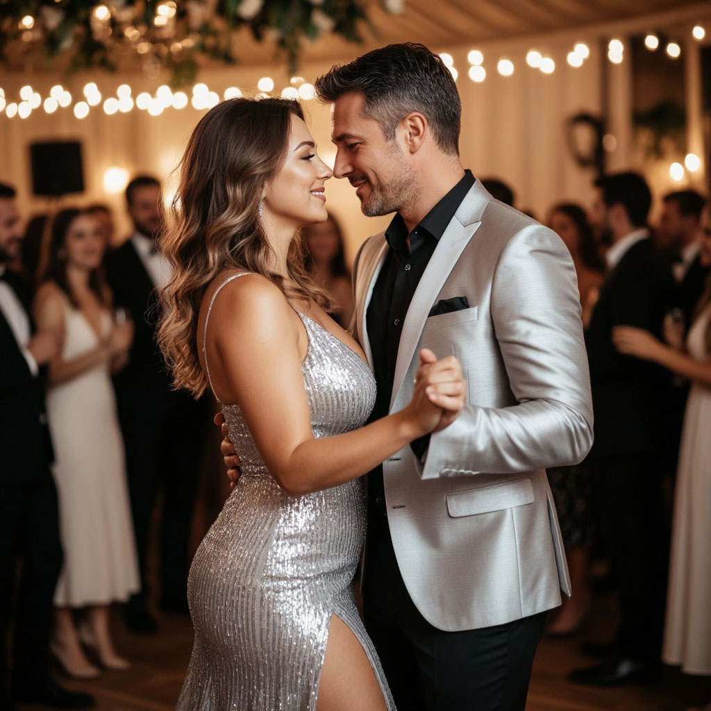 Русская женщина танцует с мужем на своём 50-летии