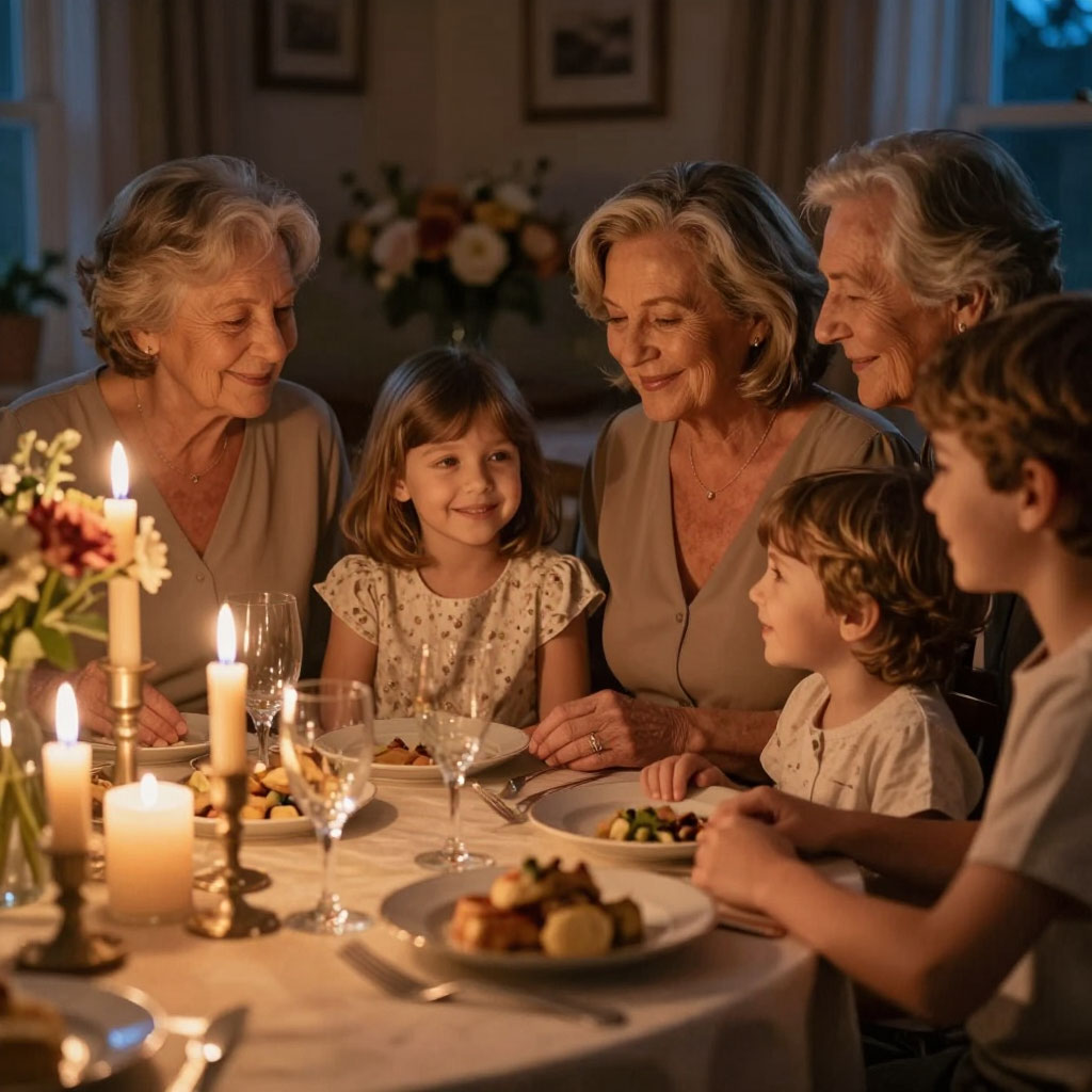 Женщина с детьми и внуками за праздничным столом в теплой семейной атмосфере