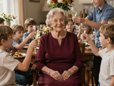 Русская женщина за столом на своём 70-летии