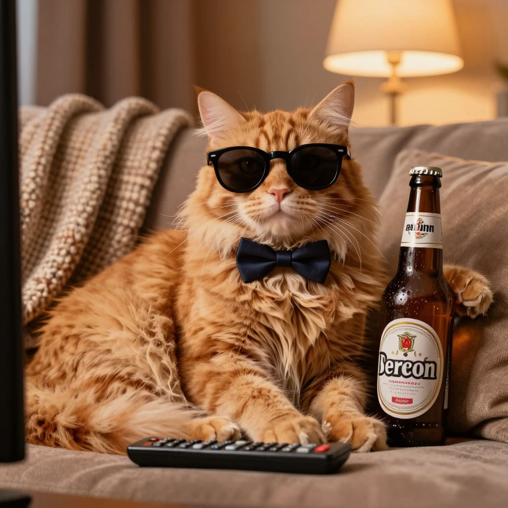 Прикольная открытка с юбилеем мужчине кот в бабочке на диване с пивом