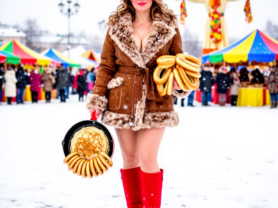 Женщина в красных валенках с баранками и сковородой блинов на масленичной площади