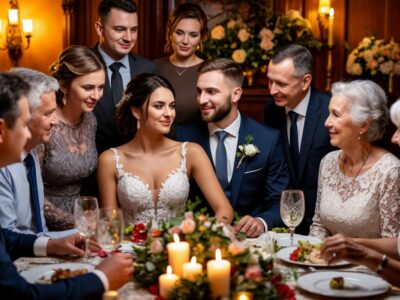 Большая семья за столом с красивой парой на свадебном вечере