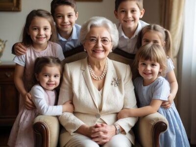 Русская женщина с правнуками на своём 75-летии в домашней атмосфере