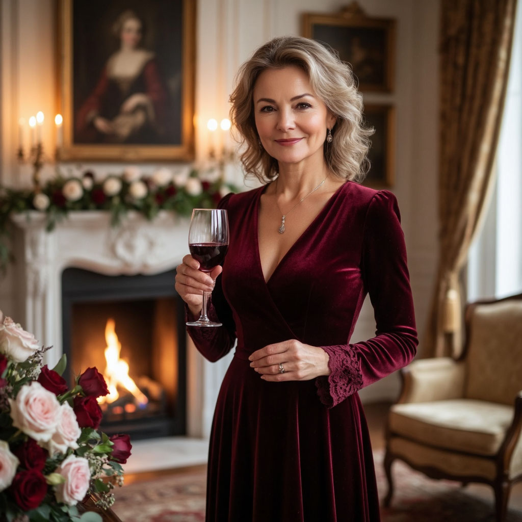Элегантная русская женщина в бордовом бархатном платье у камина на своём 70-летии