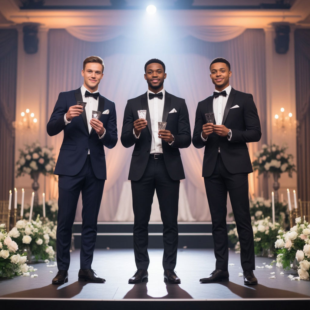 Трое красивых мужчин разных национальностей на свадебном конкурсе