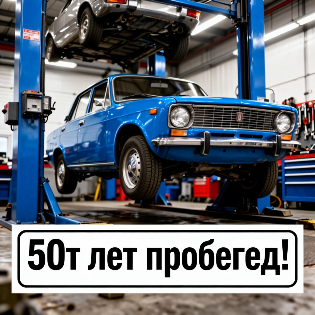 Открытка в стиле автосервиса. Машину подняли на подъёмнике, снизу написано: "50 лет пробега. Техосмотр пройден успешно! Можно ехать дальше".