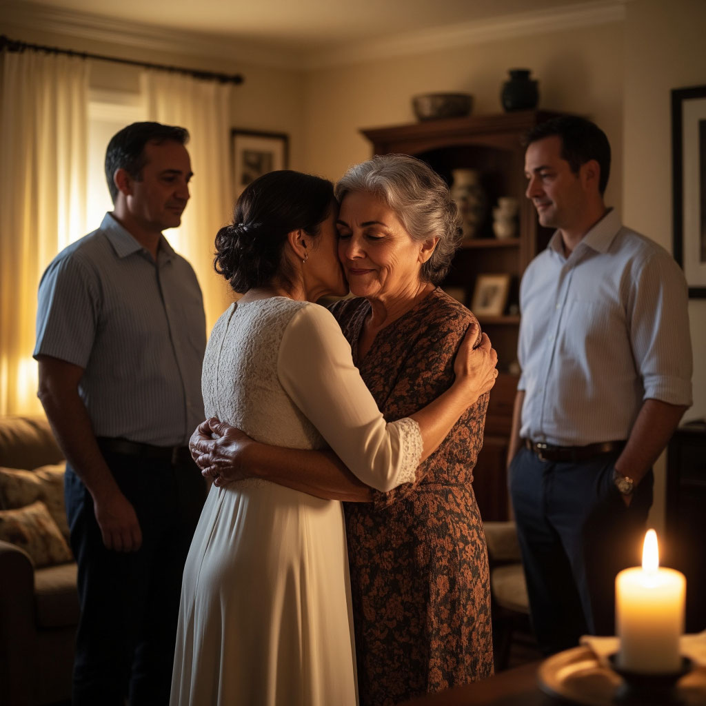 Русская женщина с формами обнимает бабушку на семейной свадьбе