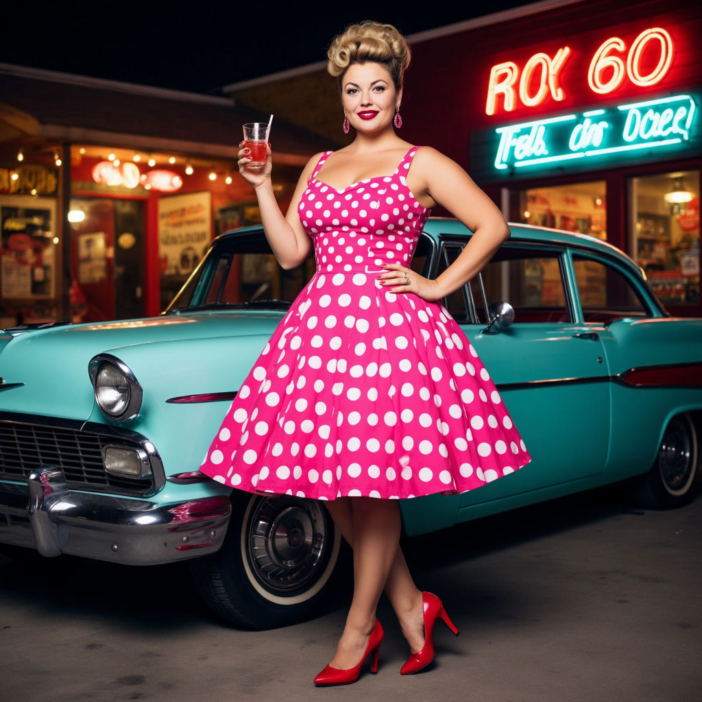 Женщина с пышными формами в стиле 60-х у ретро-автомобиля празднует 45-летие