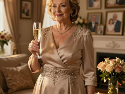 Русская женщина в серебристом платье на своём 60-летии дома