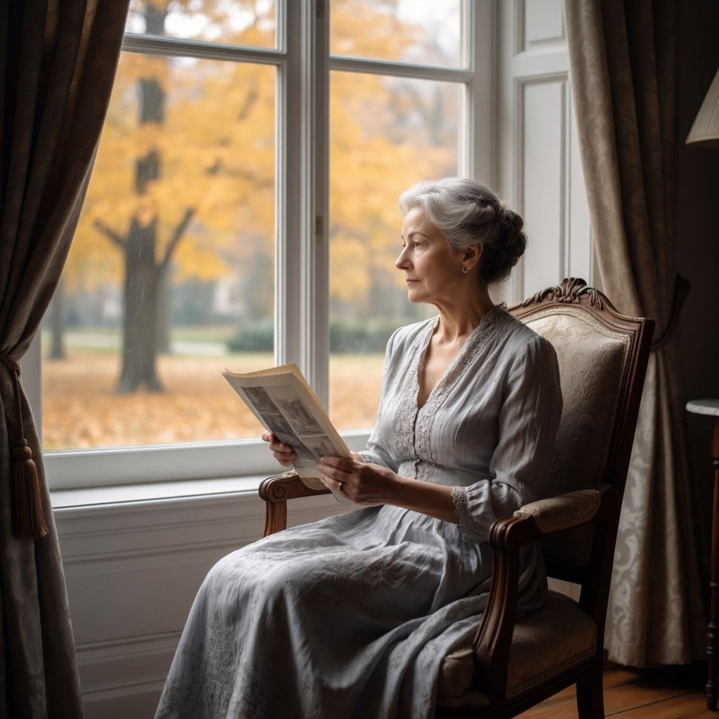 Элегантная русская женщина у окна с фотографией на своём 75-летии