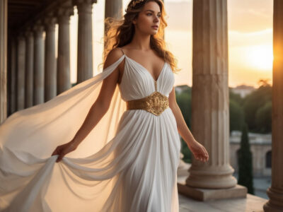Женщина с пышными формами в образе древнегреческой богини празднует 45-летие на закате