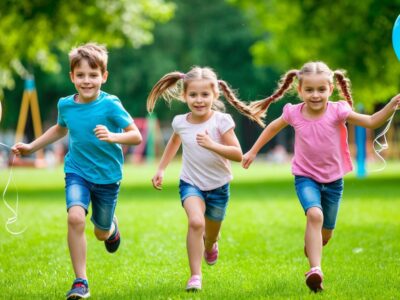 дети бегут с воздушными шарами по парку в солнечный день 1 июня