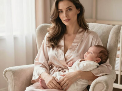 Роскошная женщина в шелковом халате с новорожденным малышом в уютной детской
