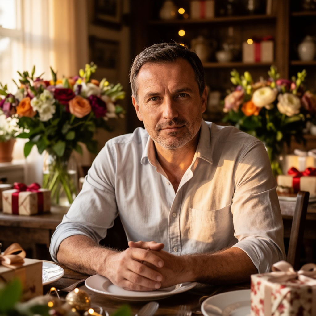 Мужчина в рубашке с закатанными рукавами за праздничным столом с подаркам